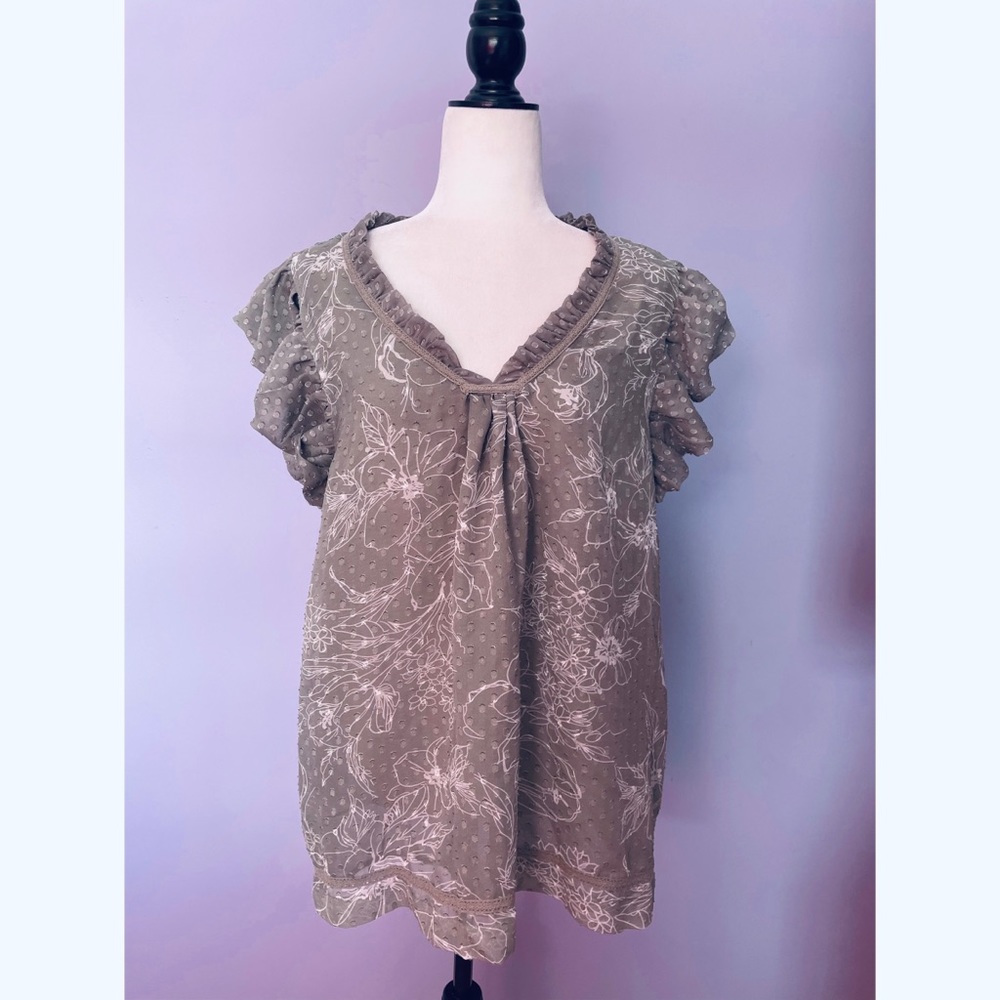 Daniel Rainn Olive Green Floral Ruffle Sleeve Blouse